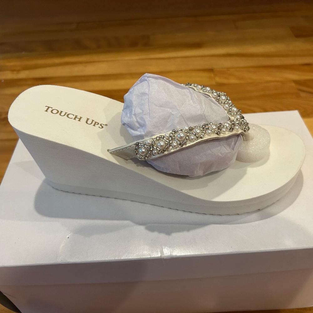 White Beaded Wedge Sandals